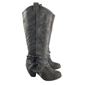 Not Rated Knee-High Boots 8.5 Gray Faux Suede Embellished Western Rhinestone
